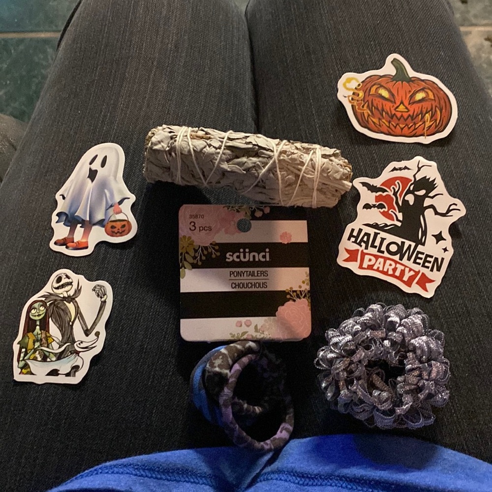 Bundle of fun! Sage Smudge stick, 3 pack scunci pony tail holders, +1, stickers